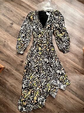 Asymmetrical Black Floral-Print Wrap Dress with Puff Sleeves